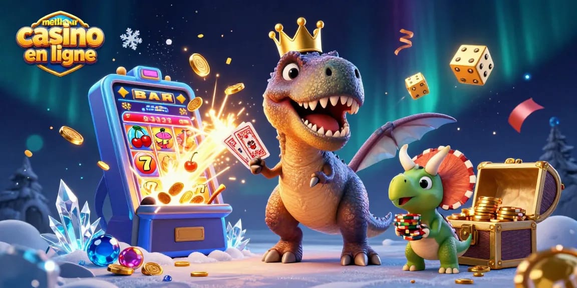 Meilleur casino en ligne : T-Rex et assistants jouent aux cartes dans une scène animée unique.
