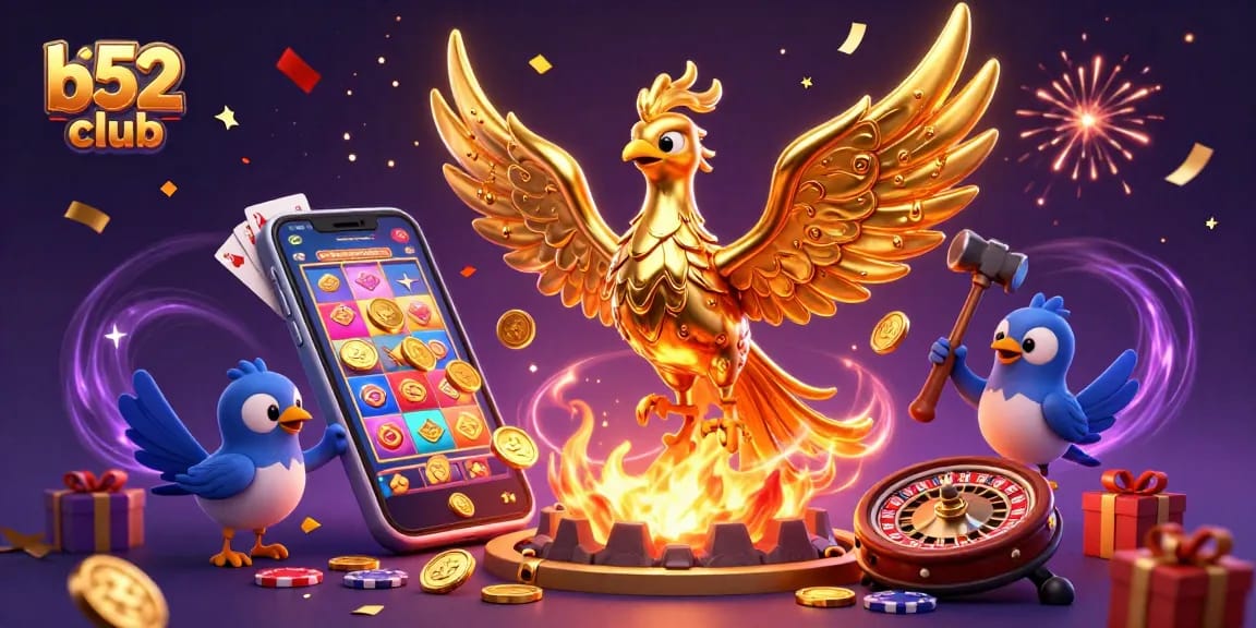 Engage with b52club's vibrant casino scene featuring golden phoenix, slot games, and immersive elements.