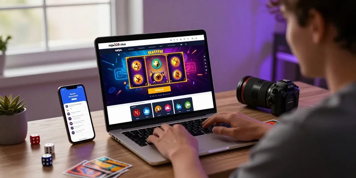 Engaged user navigating raja328 situs online gaming platform, vibrant interface, cozy workspace.