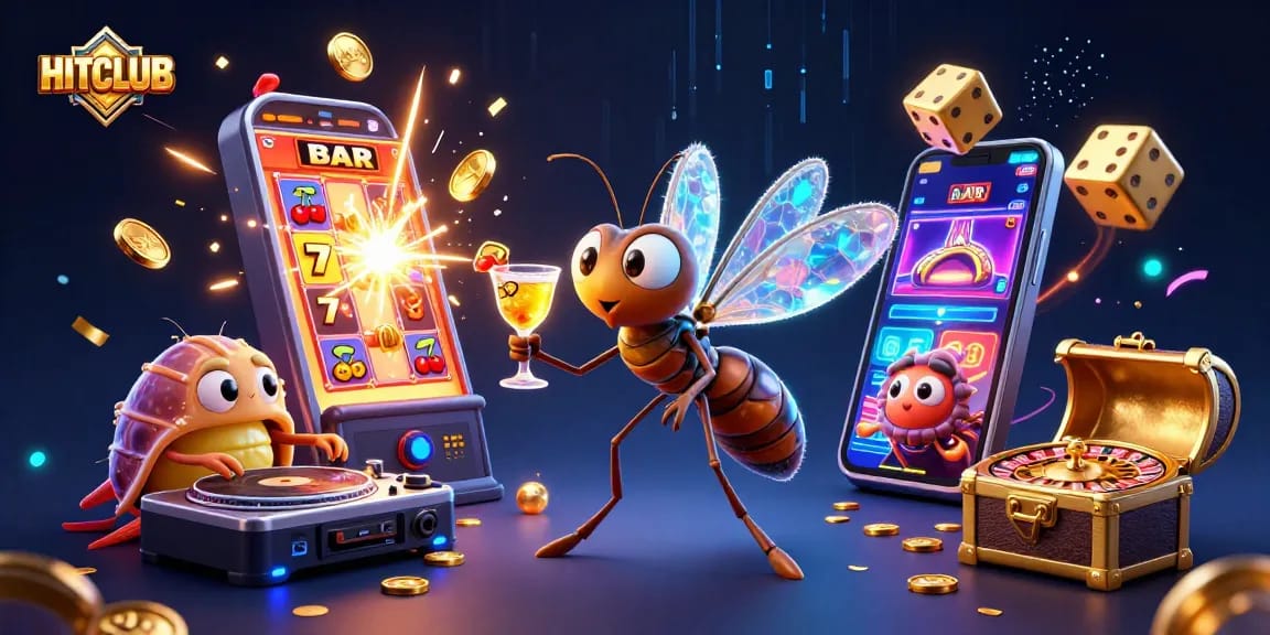 Experience thrilling gameplay at HITCLUB with a lively casino scene of vibrant characters and dynamic gaming elements.