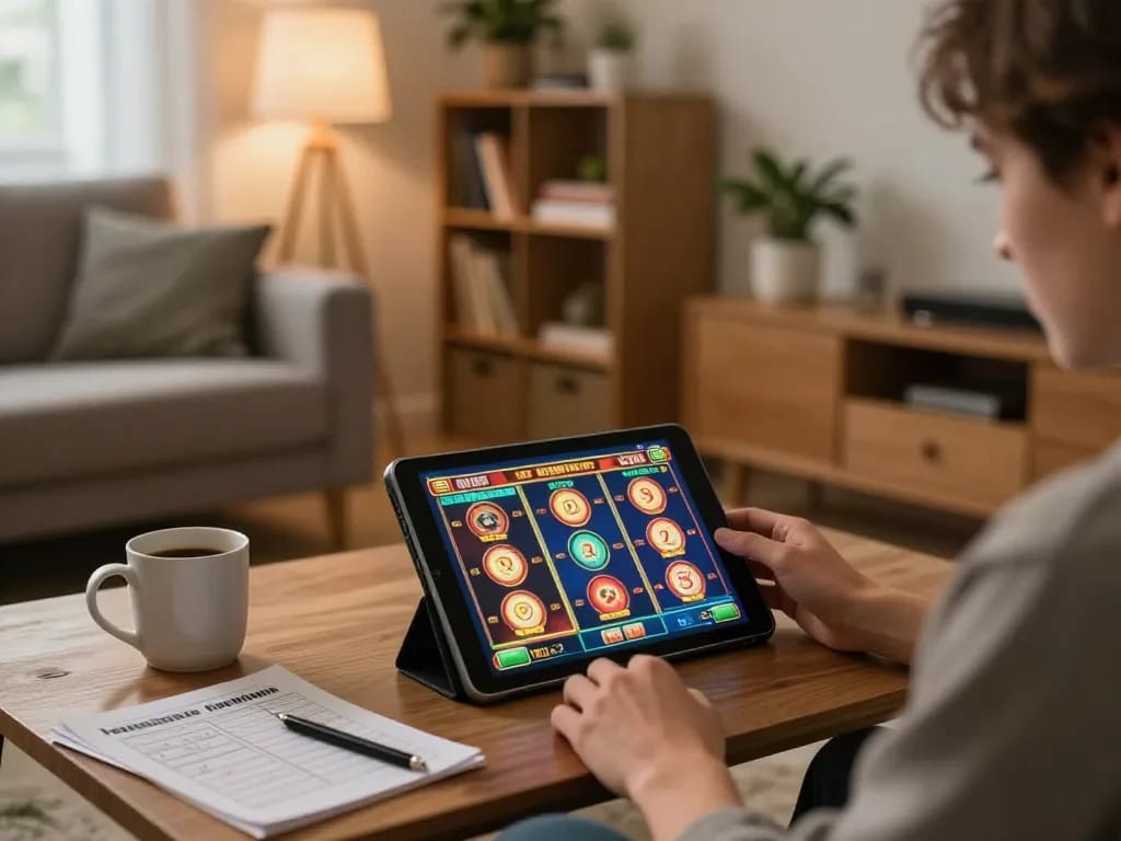 Engaging in slot depo 2k gameplay on a tablet in a cozy home setting.