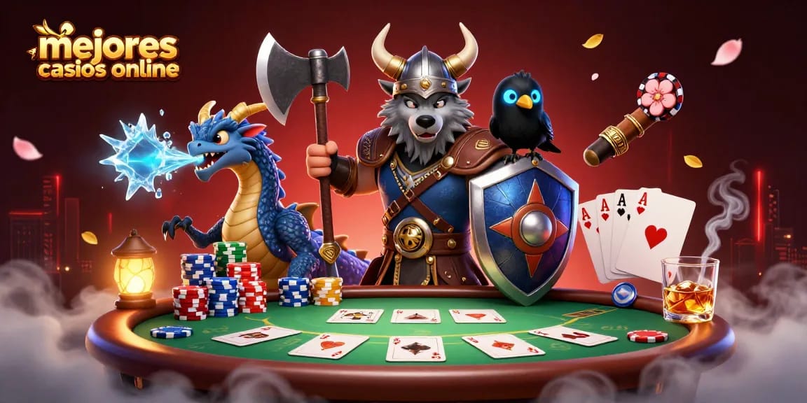 Juega en los mejores casinos online y gana en la mesa. Ilustración vibrante de guerrero vikingo y dragón.