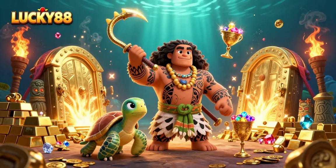 Engage with LUCKY88's vibrant casino scene showcasing a demigod and treasures in a dynamic 3D illustration.