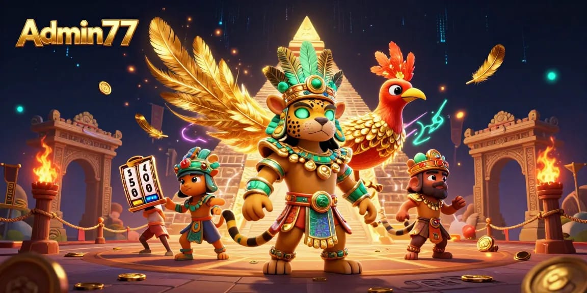 Spin to win big with Admin77, featuring Mayan priest and slot elements in an exciting casino scene.