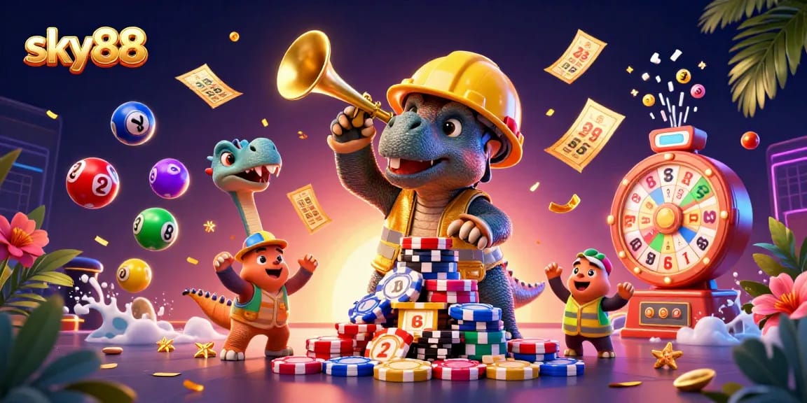 Cheer and celebrate with sky88 in this vibrant gambling illustration featuring lively casino elements.
