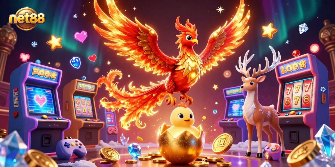 Experience excitement with net88 in a vibrant casino scene featuring fire phoenix and slot games.