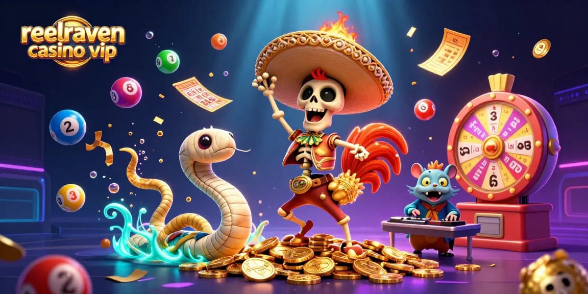 Reelraven casino vip : plongez dans l'univers des jeux avec personnages colorés et éléments de jeu dynamiques.