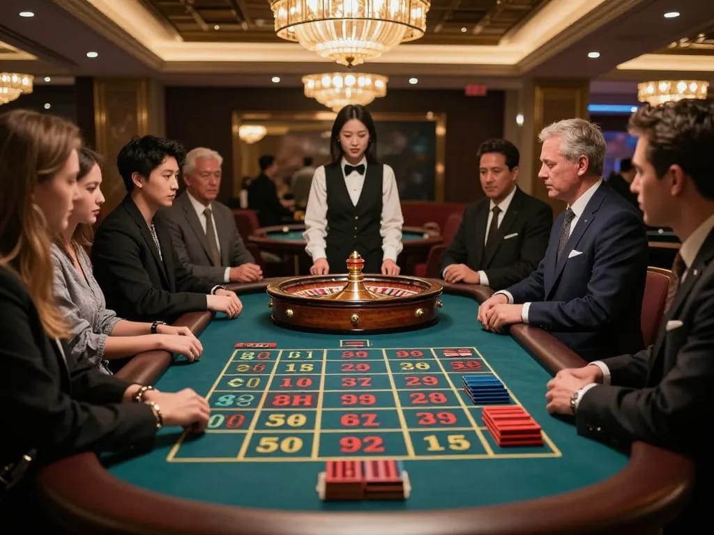 Experience the thrill at MM88's roulette table where players engage in strategic bets.