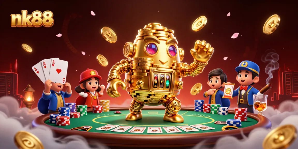 Experience the thrilling gameplay at nk88 with our vibrant, casino-themed 3D illustration filled with gold and excitement.