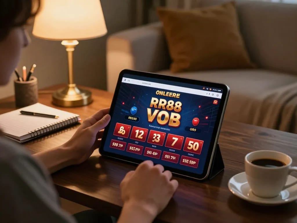 Enjoying RR88 online casino gaming on tablet in a cozy living room.