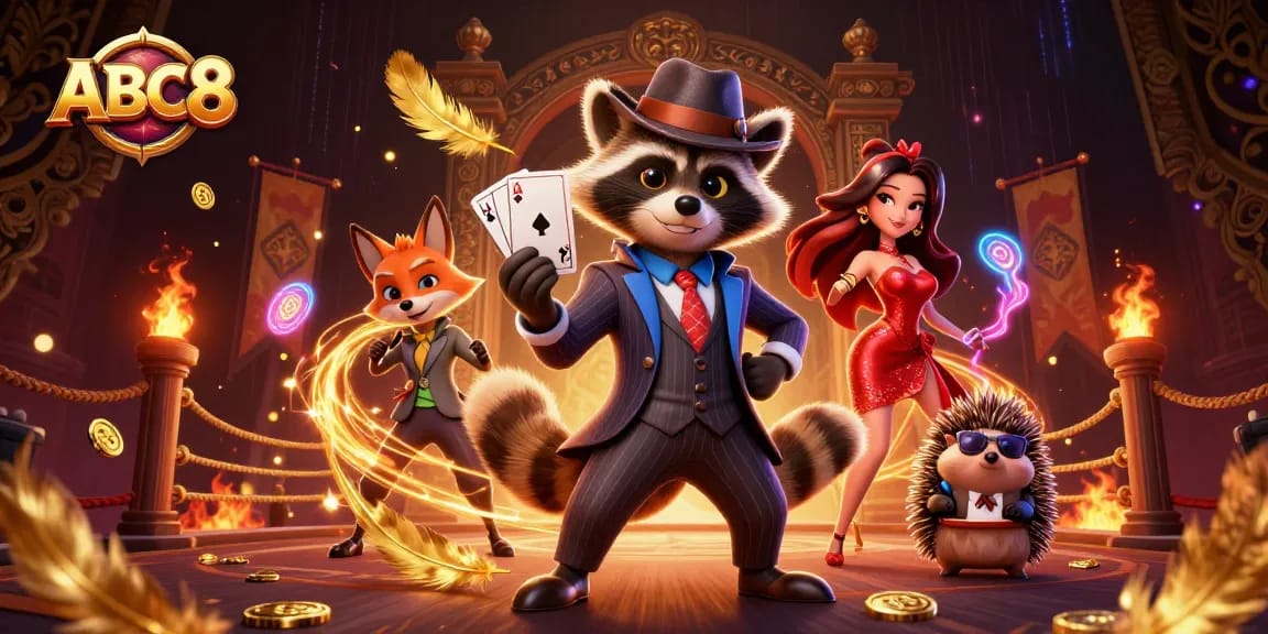 Engage in thrilling gameplay at ABC8 with a suave raccoon and a charming fox in a lively casino atmosphere.