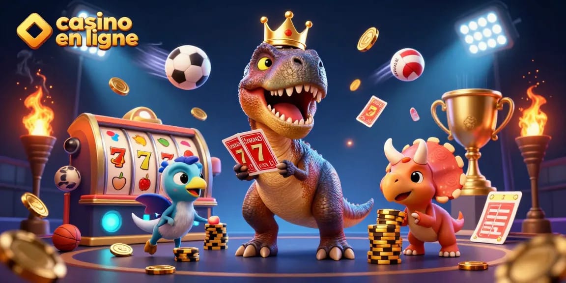 Une illustration 3D de casino en ligne avec un T-Rex et des éléments de jeu captivants.