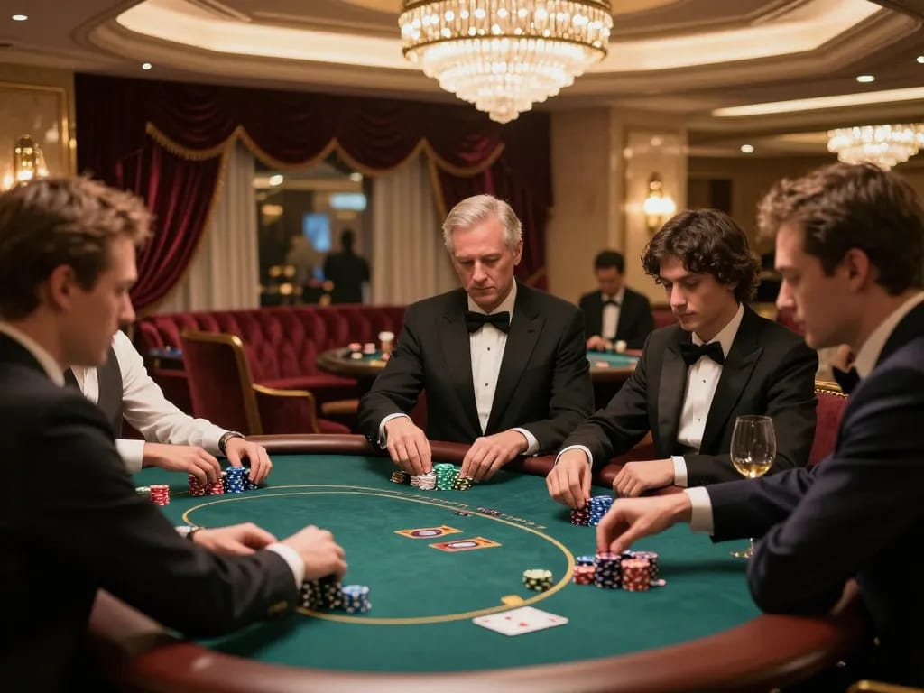 Players enjoy an engaging VIP gaming experience at vipwin's luxurious poker table, showcasing elite gambling.