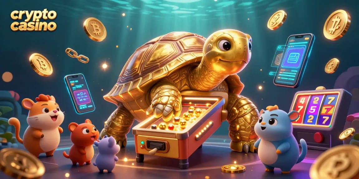 Jouer dans un crypto casino animé avec une tortue colossale et des pièces de Bitcoin et Ethereum scintillantes.