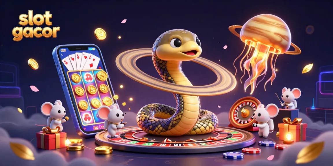 Engage with slot gacor through this vibrant, dynamic 3D casino scene filled with cosmic elements.