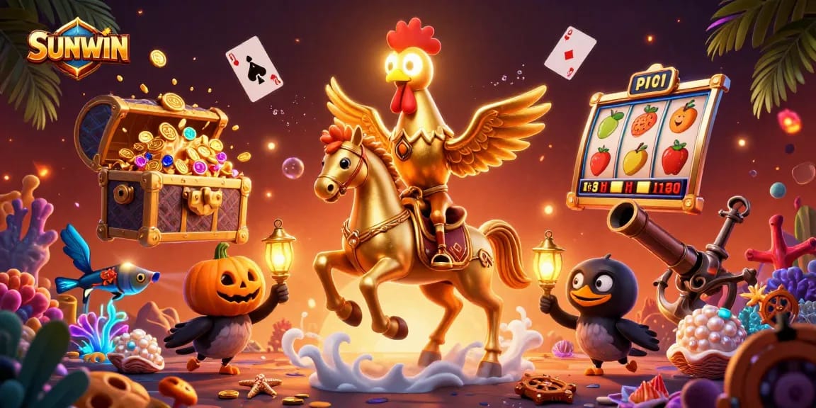 Experience the thrill of SUNWIN slots with a vibrant casino scene featuring lively characters and treasures.