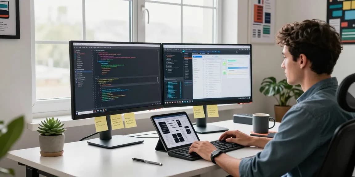 Focused developer using dual monitors for coding and project management at telegramin-cn.com workspace.
