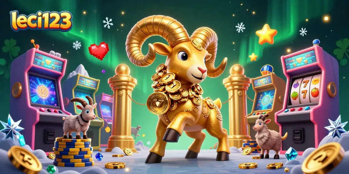 Spin and win with leci123 as the golden ram charges through a vibrant casino scene filled with games.