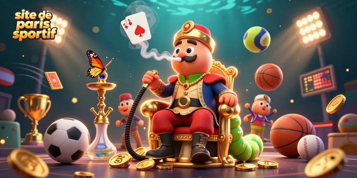 Image dynamique d'un site de paris sportif avec des éléments de jeu vibrant et des personnages captivants