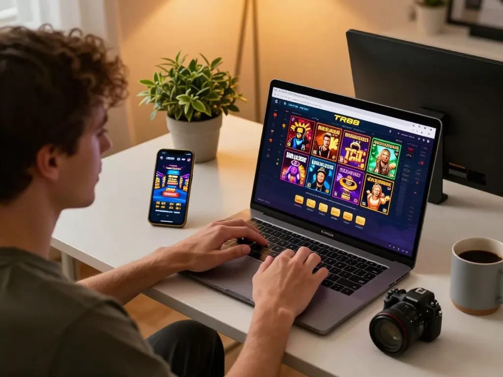 Player engaging with TR88 online casino on a laptop at home, showcasing vibrant game interface and strategic gameplay.