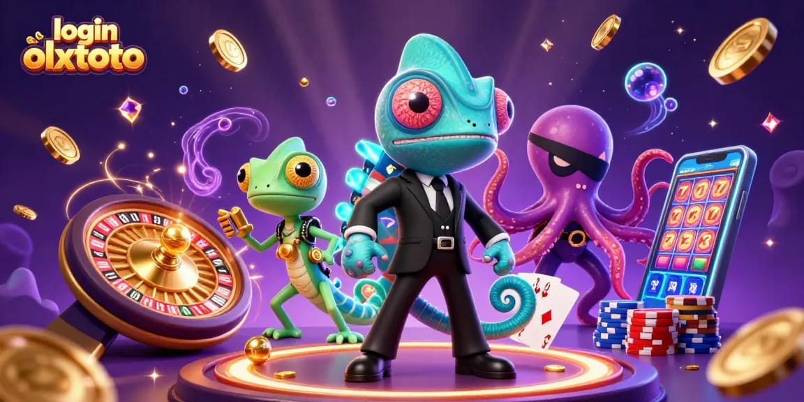 Visualisasikan login olxtoto dengan chameleon, gecko, dan gurita dalam suasana kasino yang megah.