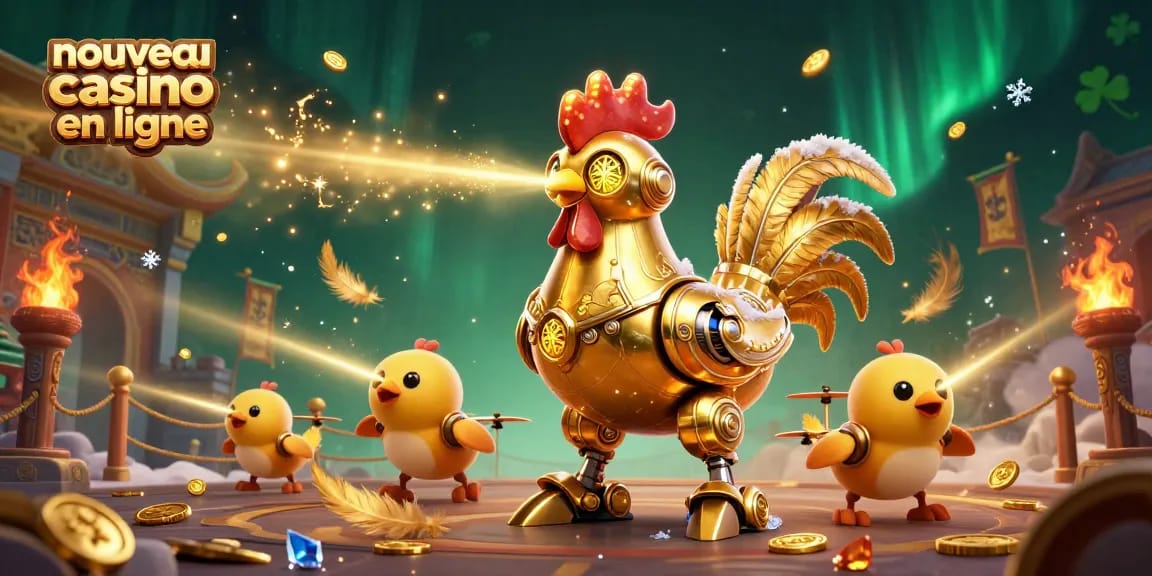 Plongez dans l'univers du nouveau casino en ligne avec un robot coq doré et ses drones. Jouez et gagnez !