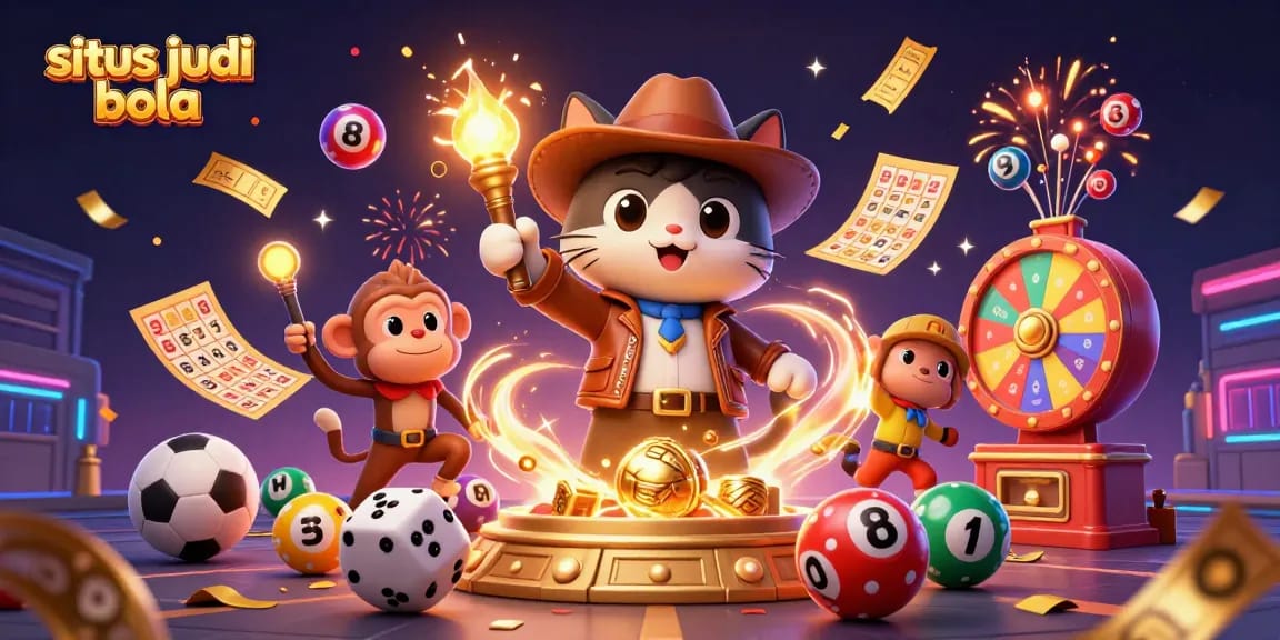 Engage in situs judi bola with a vibrant illustration showcasing sports betting excitement and casino artifacts.