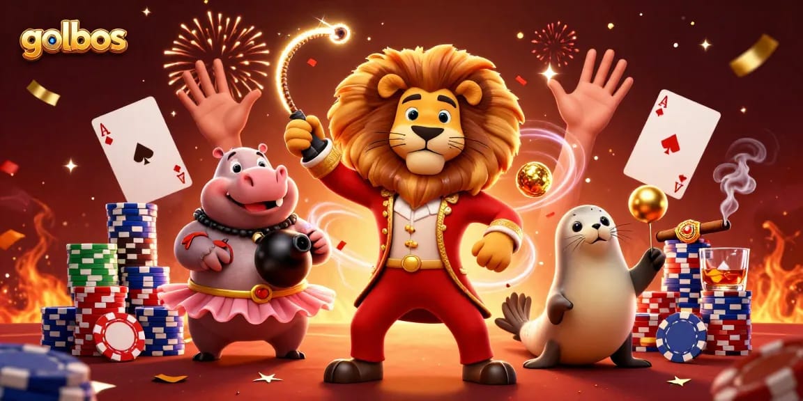 Experience action with golbos as the lion, hippo, and seal create a captivating casino scene.