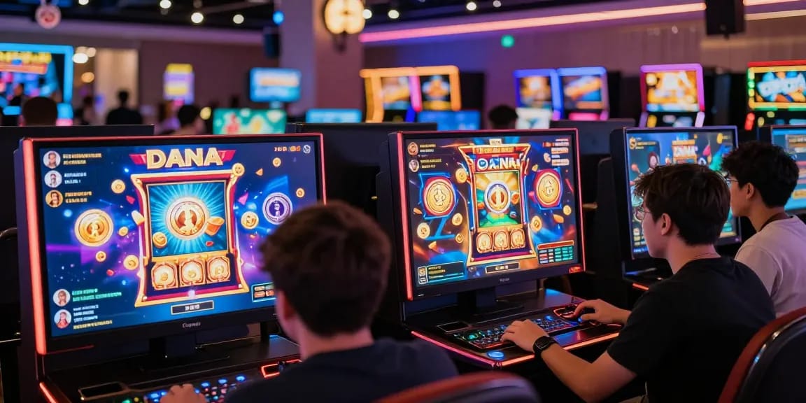 Exciting slot dana gaming scene with colorful machines and digital currency.