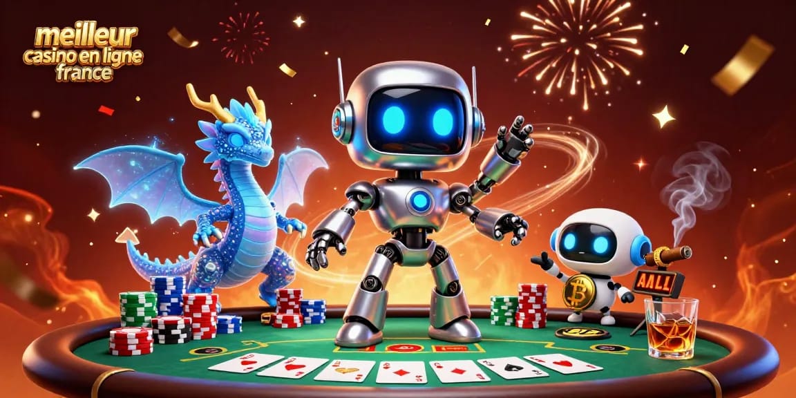 Découvrez le meilleur casino en ligne France avec ce robot cybernétique et son dragon holographique, entourés de jeux de poker.