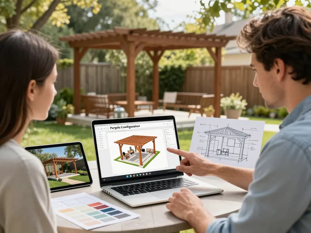 Pergola Configurator Software displayed on a laptop during a backyard consultation, showcasing a 3D model of a custom pergola design.