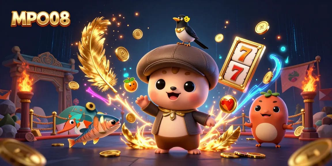 MPO08 brings interactive fun with playful characters amidst a vibrant casino scene.