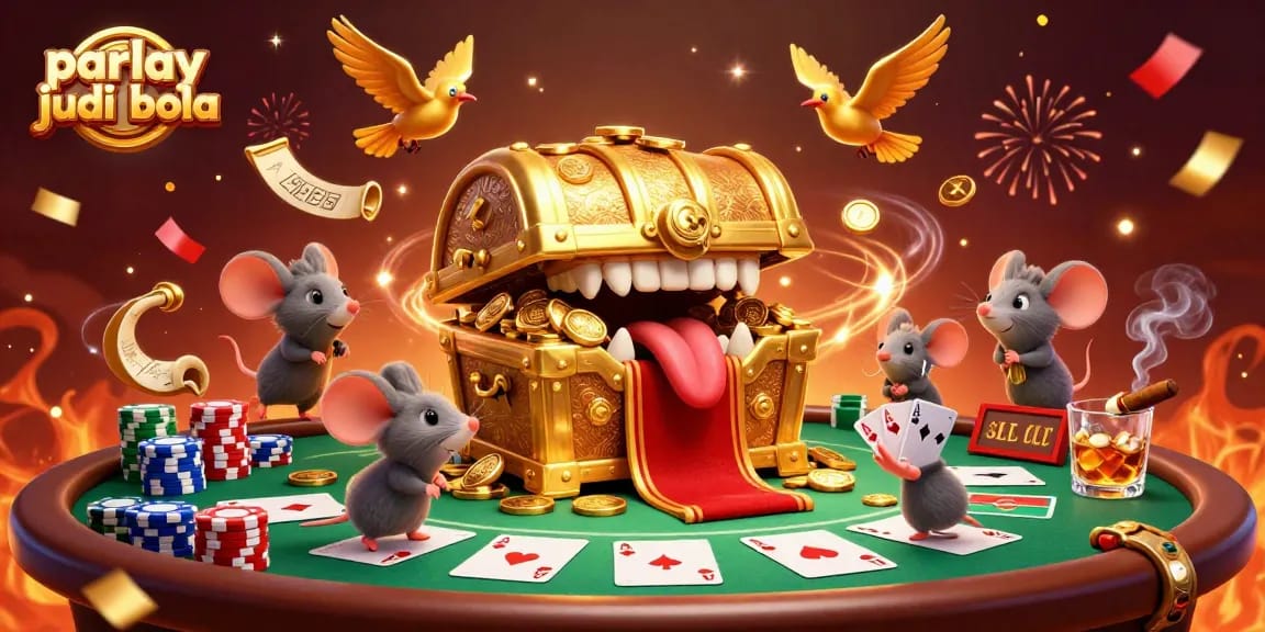 Engage in parlay judi bola with adventurous mice and a treasure chest in this vibrant casino scene.