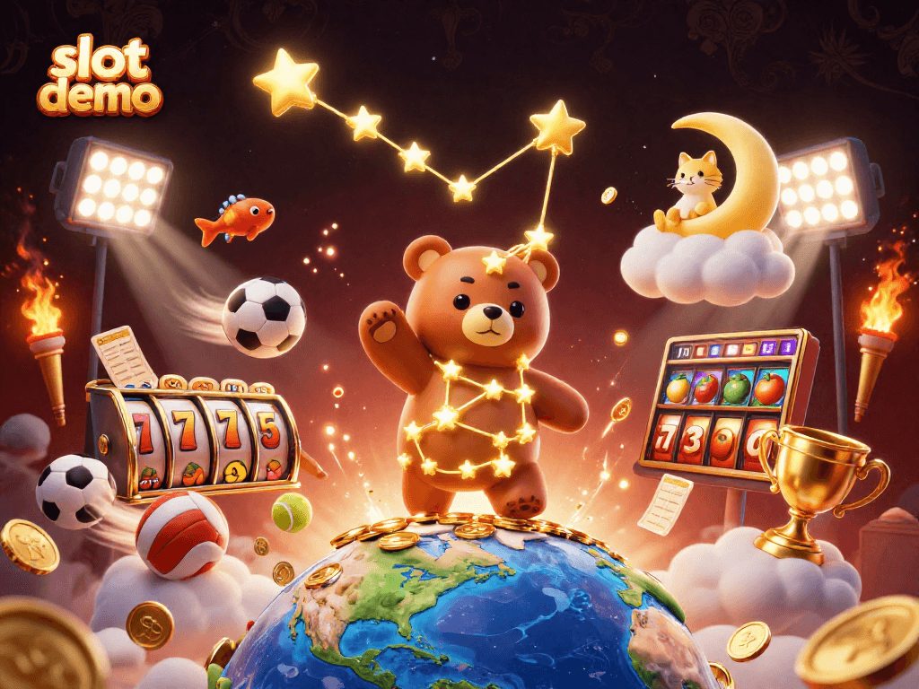 Slot demo menghadirkan simbol slot dengan beragam elemen kasino dan bintang emas berkilau, menciptakan daya tarik visual yang dinamis.
