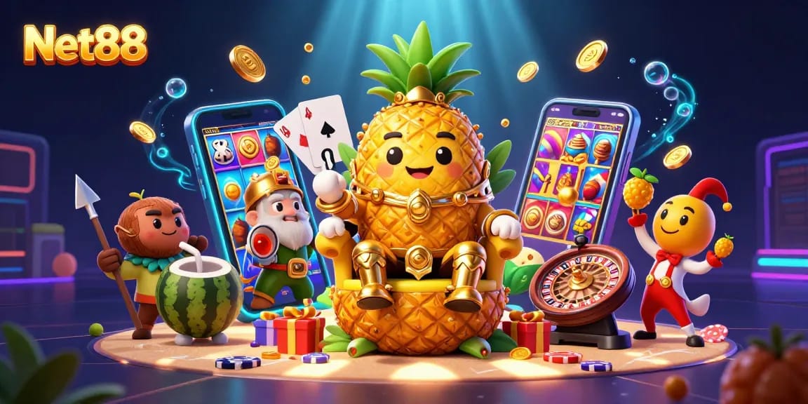Spin the reels of Net88 with the golden pineapple king and his vibrant casino friends!
