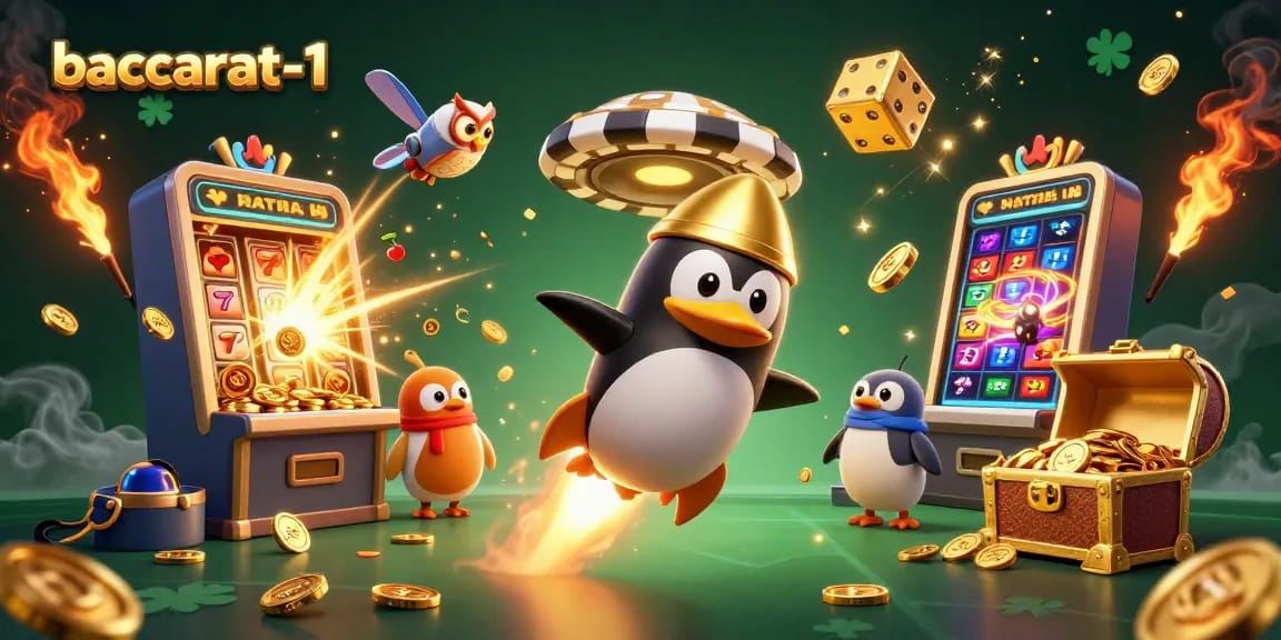 Baccarat-1 showcases a golden penguin in space, winning with a jackpot explosion.
