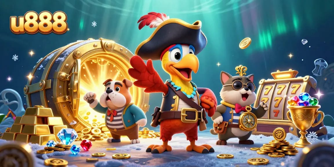 Experience thrilling slots action with u888 in a vibrant casino treasure scene.