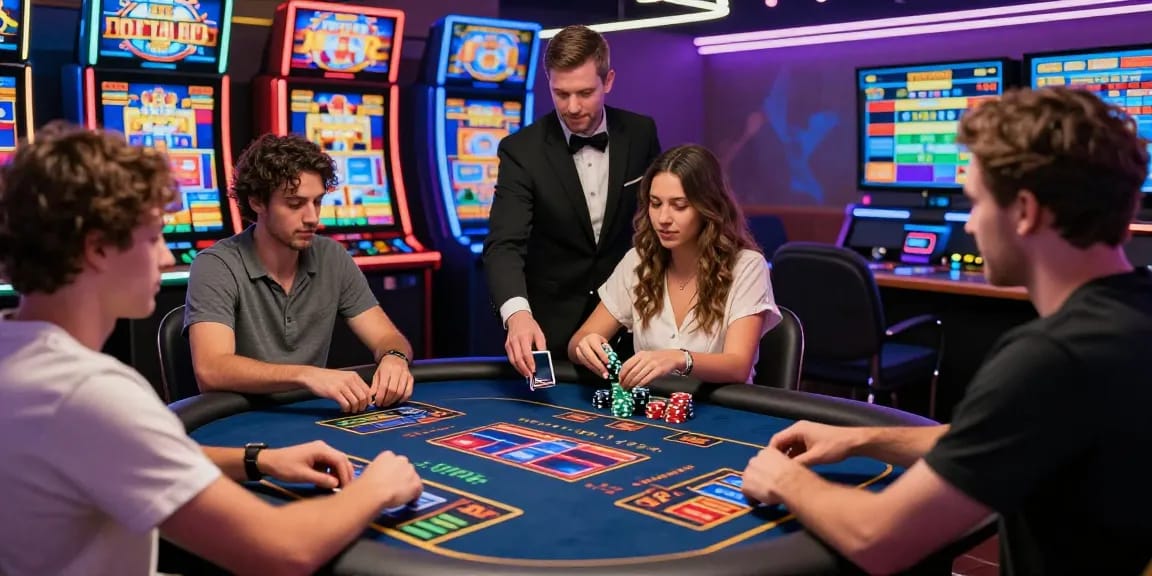 Players enjoying an exciting gaming experience at credit card casinos, featuring digital tables and vibrant slot machines in a lively environment.