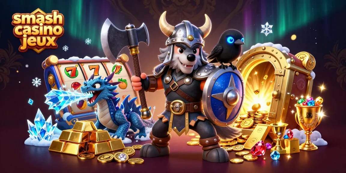 Découvrez les jeux de smash casino avec un loup viking, dragon et trésor scintillant.