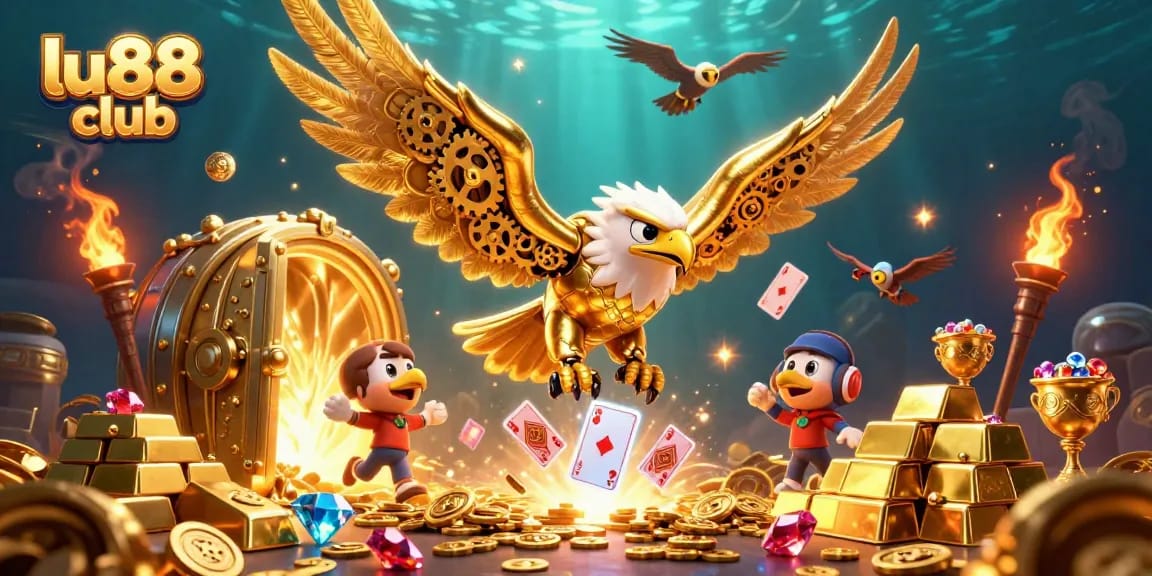 Experience thrilling gameplay at lu88 club with golden treasures and playing cards cascading in a vibrant casino atmosphere.