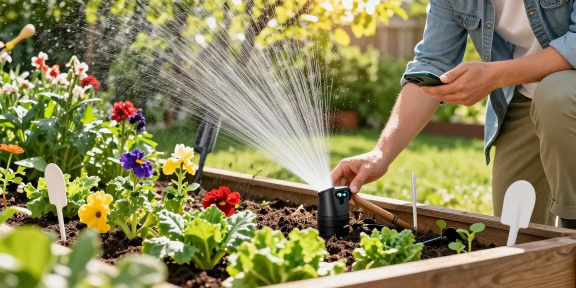 Gardener using rainpoint sprinkler timer to efficiently water vibrant plants in a sunny garden.