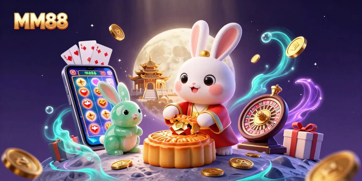 Join the adventure with MM88 as the moon rabbit unearths poker treasure amidst magical casino elements.