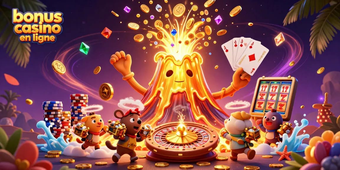 Profitez des bonus casino en ligne avec une scène animée de trésors en éruption