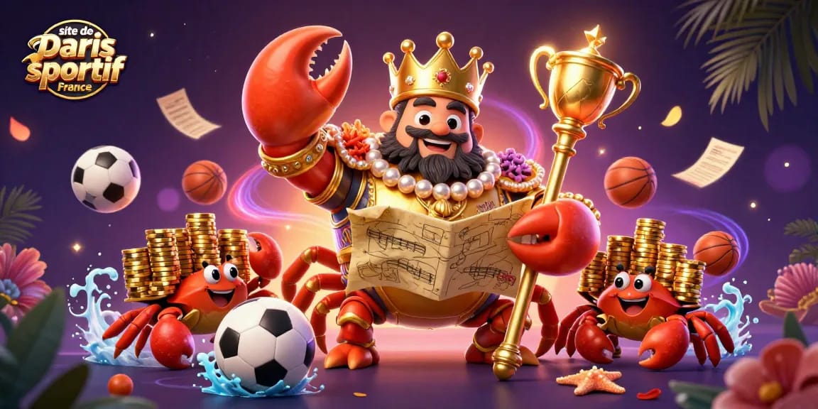 Les paris sportifs prennent vie sur ce site de paris sportif France, avec un crabe doré entouré de ballons et de billets de pari.