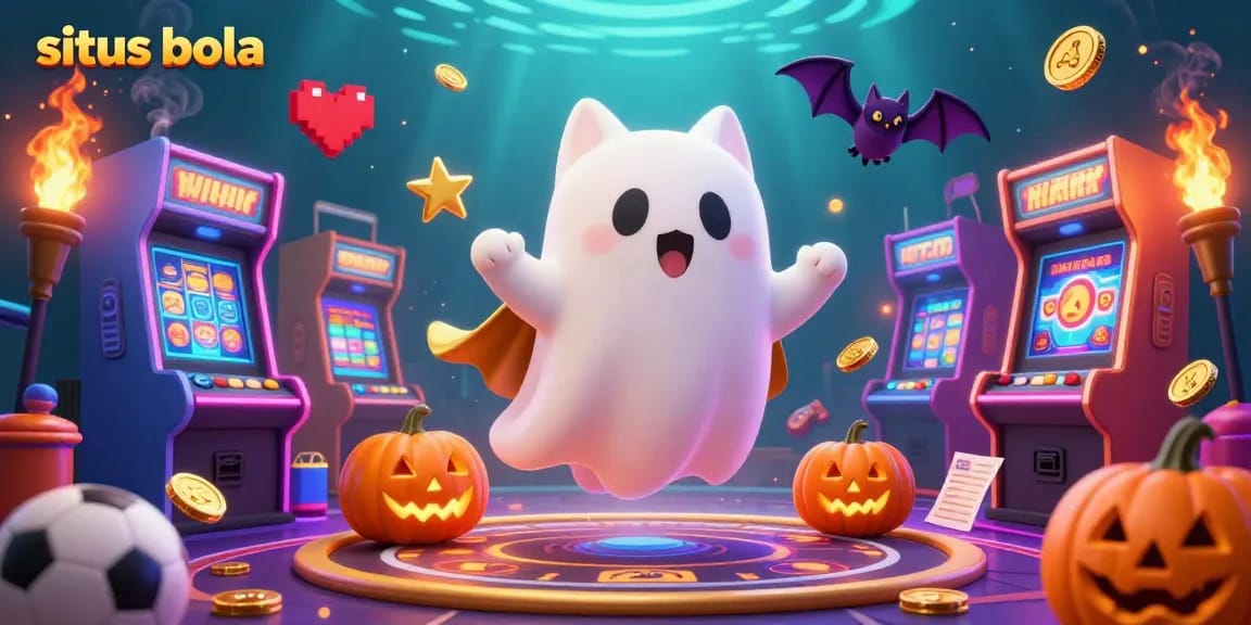 Situs bola betting atmosphere showcasing a friendly ghost cat with a vampire bat in a haunted casino.