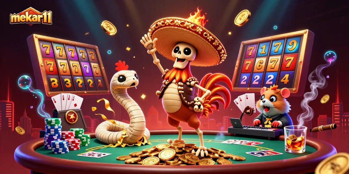 Experience big wins with mekar11, featuring vibrant slot reels, golden coins, and dynamic characters in action.