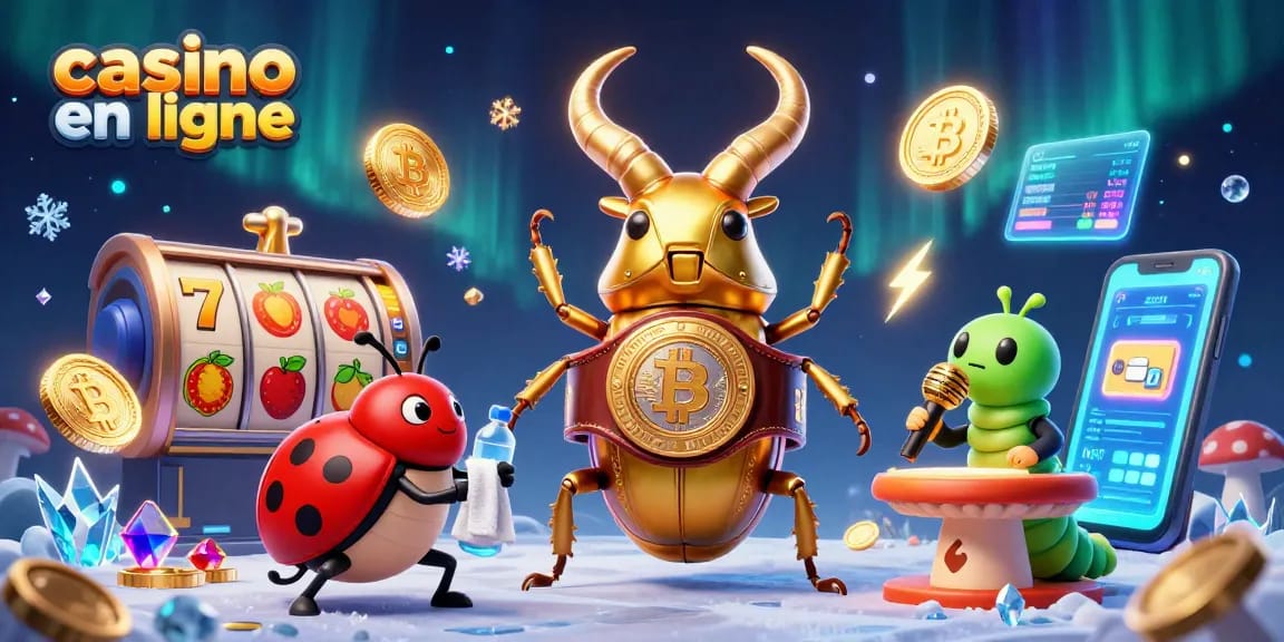 Animation colorée sur un casino en ligne avec un scarabée géant, des pièces de crypto-monnaie et des éléments de jeu