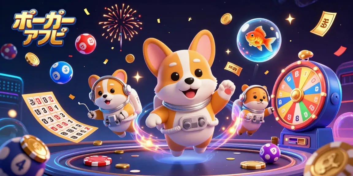 リアルマネーポーカーを賭けるポーカーアプリで遊ぶ宇宙犬たちが、カジノの中で浮かぶシーン。
