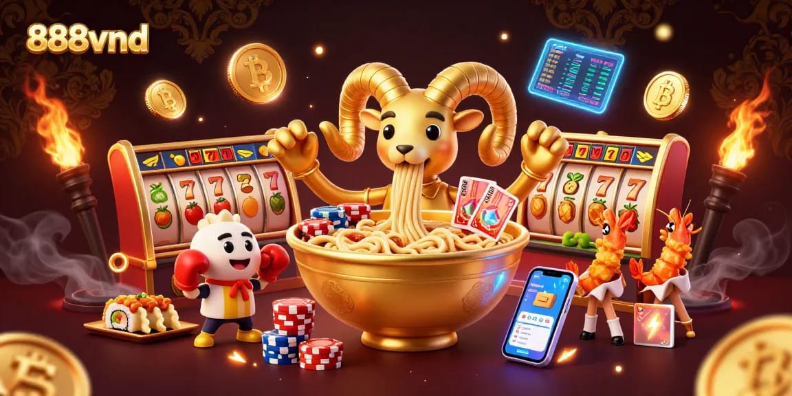 Engage in thrilling gameplay at 888vnd with a vibrant scene of a golden ramen bowl casino character.