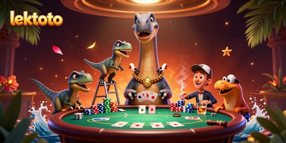 Join the excitement with lektoto as a giant brontosaurus oversees a vibrant poker game.